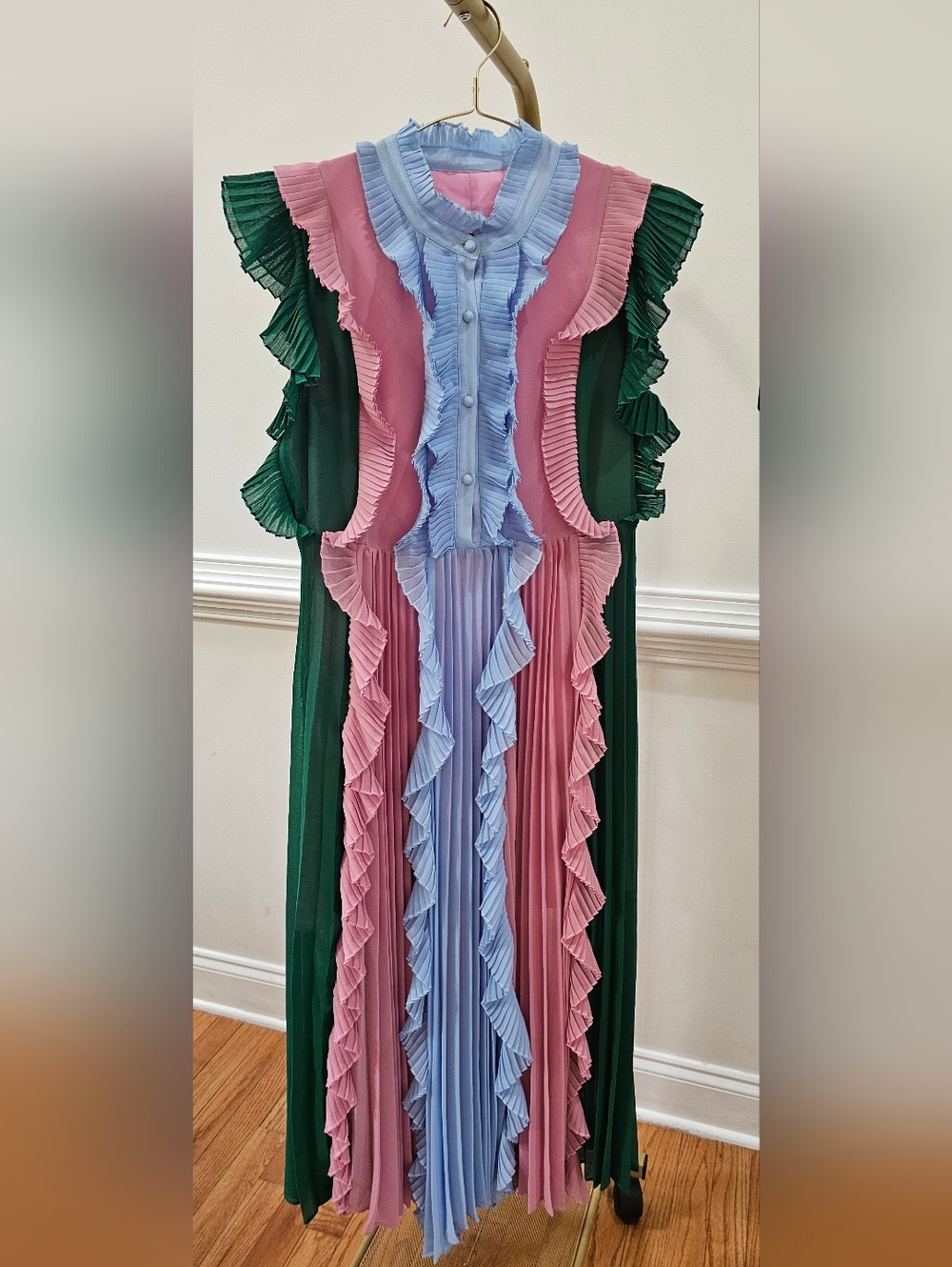 Luxury Colorblock Pleated Ruffle Maxi Dress Mock Neck Statement Runway Style